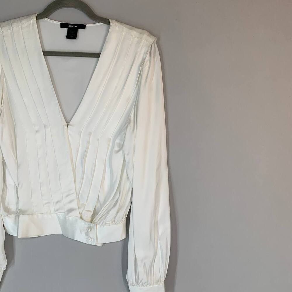 SMYTHE Women Pleated Crossover Blouse M Ivory Satin Viscose Top Balloon Sleeve - Picture 5 of 11